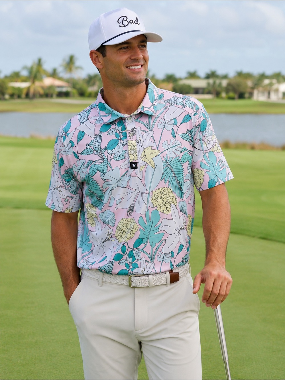 Bad Birdie Tropical Floral Golf Polo Shirt Pink Blue Men’s 2XL Performance